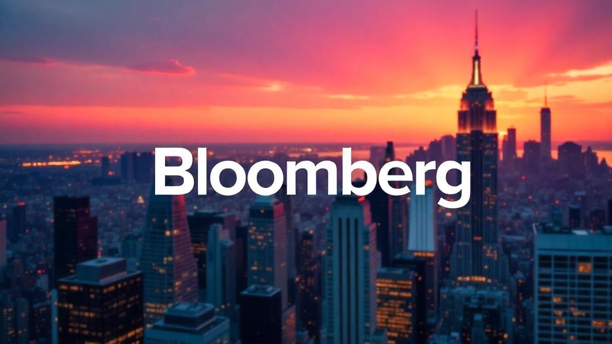 Manhattan skyline at sunset with Bloomberg text overlay, featuring Empire State Building and illuminated skyscrapers