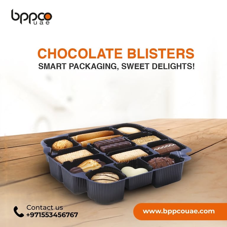 Chocolate blister packaging tray with assorted chocolates displayed on wooden surface, Al Barshaa Plastics packaging