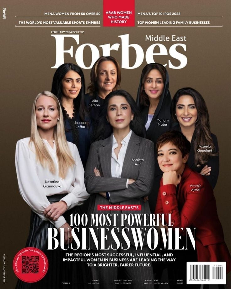 Forbes Middle East magazine cover featuring seven professional women in business attire, highlighting the 100 Most Powerful Businesswomen of the region
