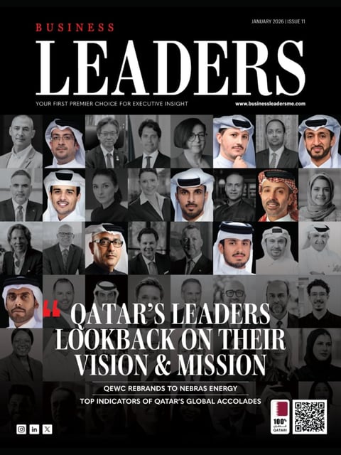 Business Leaders magazine cover from January 2024 featuring portraits of Qatars leaders with headline about their vision and mission