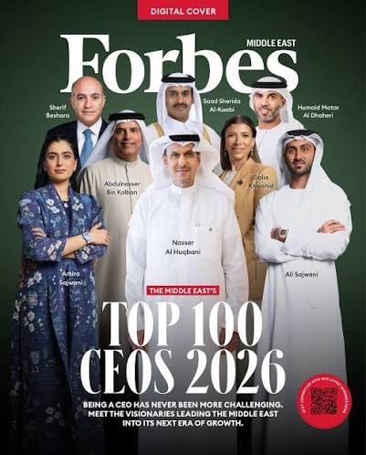 Forbes Middle East magazine cover featuring top 100 CEOs of 2026, with portraits of business leaders in professional attire