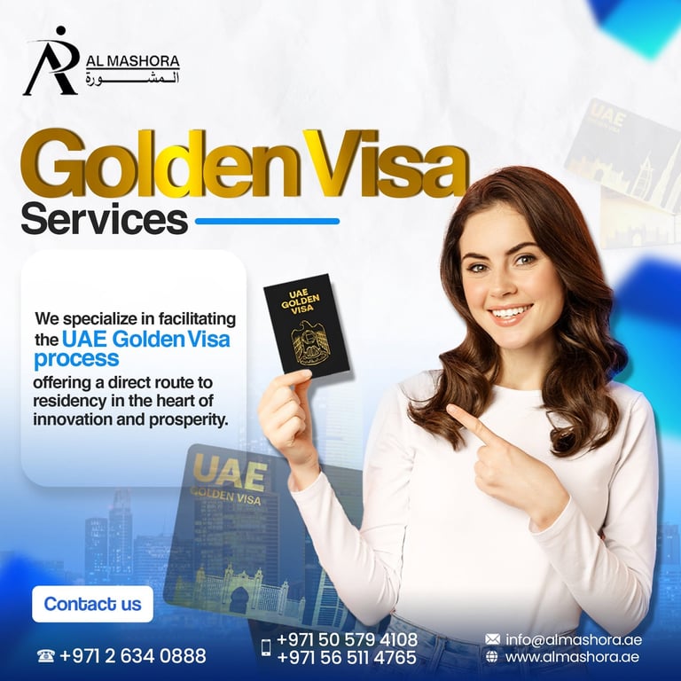 Woman in white shirt holding UAE passport promoting Golden Visa Services by Al Mashora, with contact details and UAE skyline background