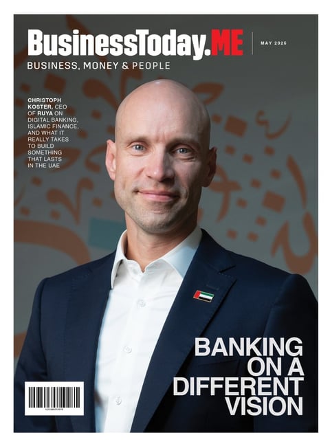 BusinessToday.ME magazine cover featuring Christoph Koster, CEO of FAB, with headline Banking on a Different Vision, May 2026 issue