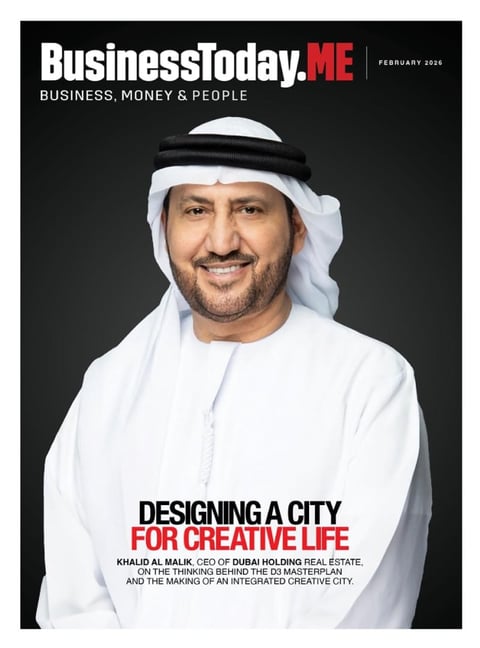 BusinessToday.ME magazine cover featuring Khalid Al Malik, CEO of Dubai Holding Real Estate, discussing city design for creative life, February 2026 issue