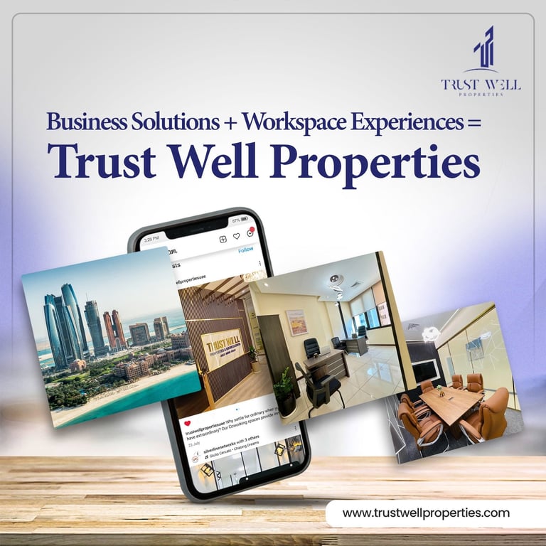 Smartphone displaying Trust Well Properties branding with business solutions and workspace experience images, showing cityscape and office interior photos