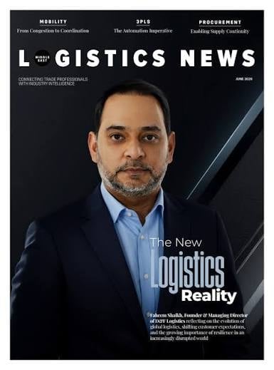 Logistics News magazine cover featuring a professional man in business attire with the headline The New Logistics Reality