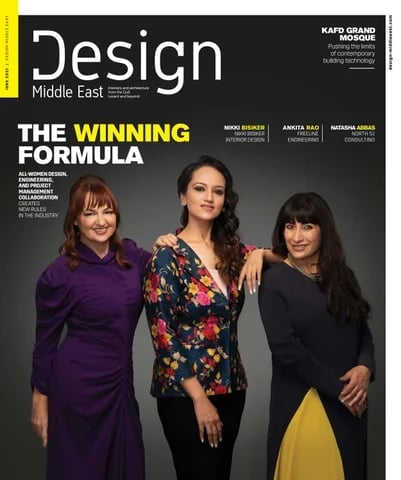 Design Middle East magazine cover featuring three professional women with the headline The Winning Formula
