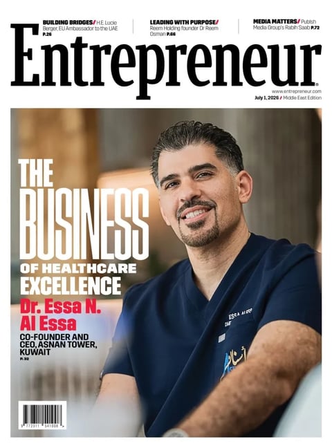 Entrepreneur magazine cover featuring Dr. Essa N. Alali, co-founder and CEO of Asnan Tower Kuwait, in navy medical scrubs discussing healthcare excellence