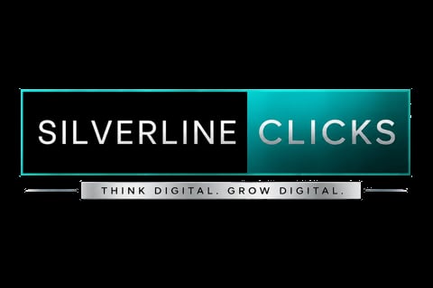 Silverline Clicks logo with split black and teal design, tagline Think Digital. Grow Digital. below