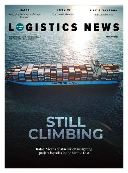 Cover of Logistics News magazine featuring an aerial view of a Maersk container ship loaded with cargo at sea