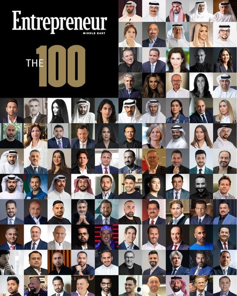 Entrepreneur magazine The 100 list featuring grid of 100 professional headshots of diverse business leaders and entrepreneurs