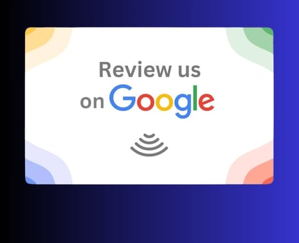 Card displaying Review us on Google text with Google logo and WiFi icon on colorful background