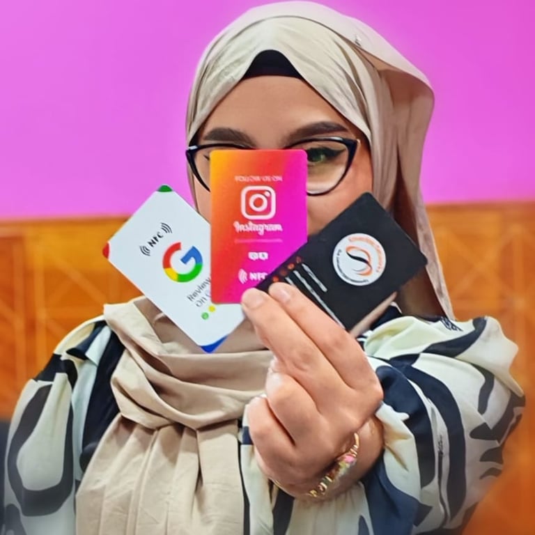 Woman wearing glasses and hijab holding Instagram and Google branded cards against pink background